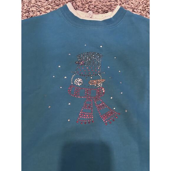 VINTAGE L Sweatshirt Teal Snowman Bedazzled SUNBURST Long Sleeve Grandma Xmas - Picture 1 of 9